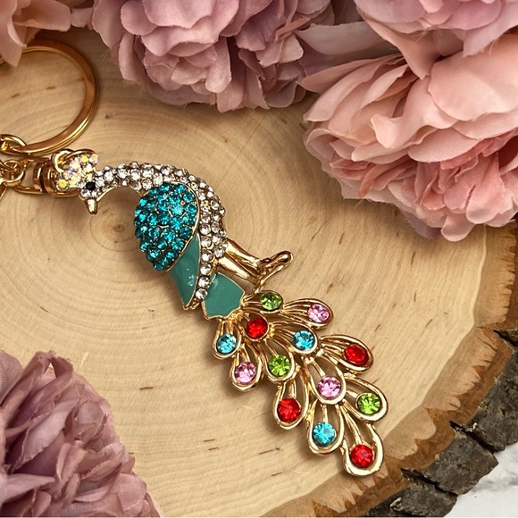 Beautiful Blue and Colorful Crystal Peacock Keychain Charm - Picture 9 of 16